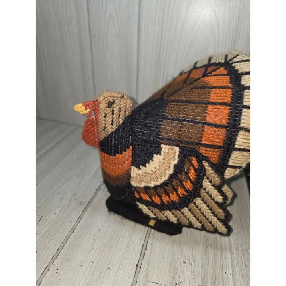 Vtg Handmade Thanksgiving Turkey Plastic Canvas Needlepoint Centerpiece 3D